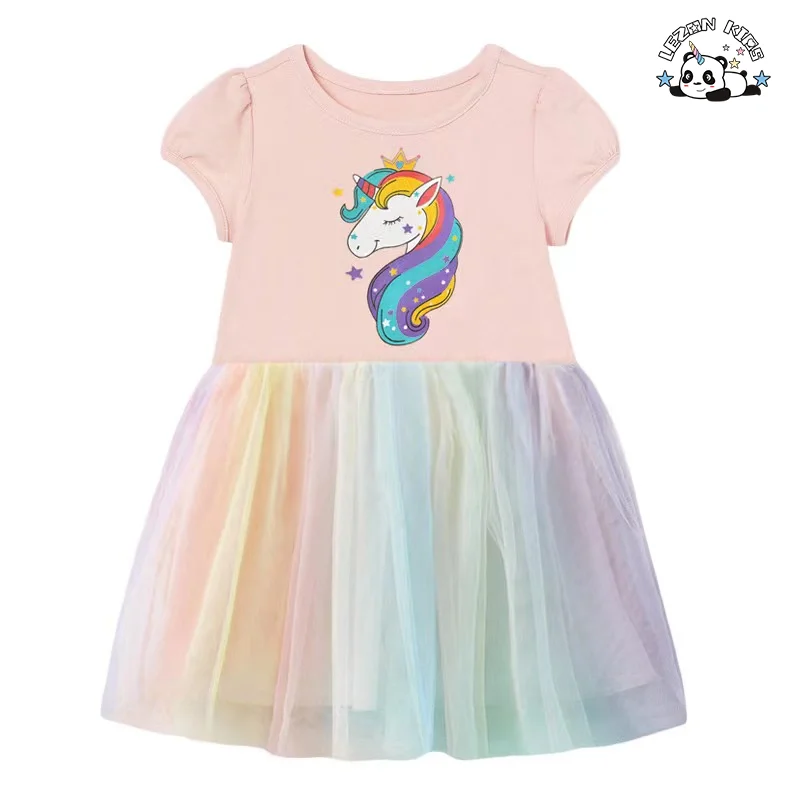 LEZONKIDS - Vestido de Menina Unicórnio Impresso Personalizável por Atacado com Mangas Curtas e Tule, Vestido Pufle de Arco-íris